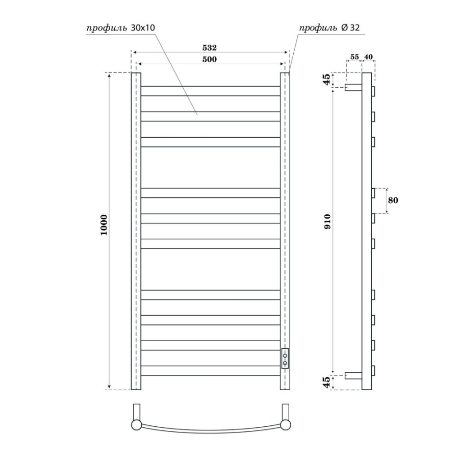 Полотенцесушитель электрический Apextermo Umbra UM00105BM, ширина 50 см, высота 100 см, диммер справа, цвет черный матовый