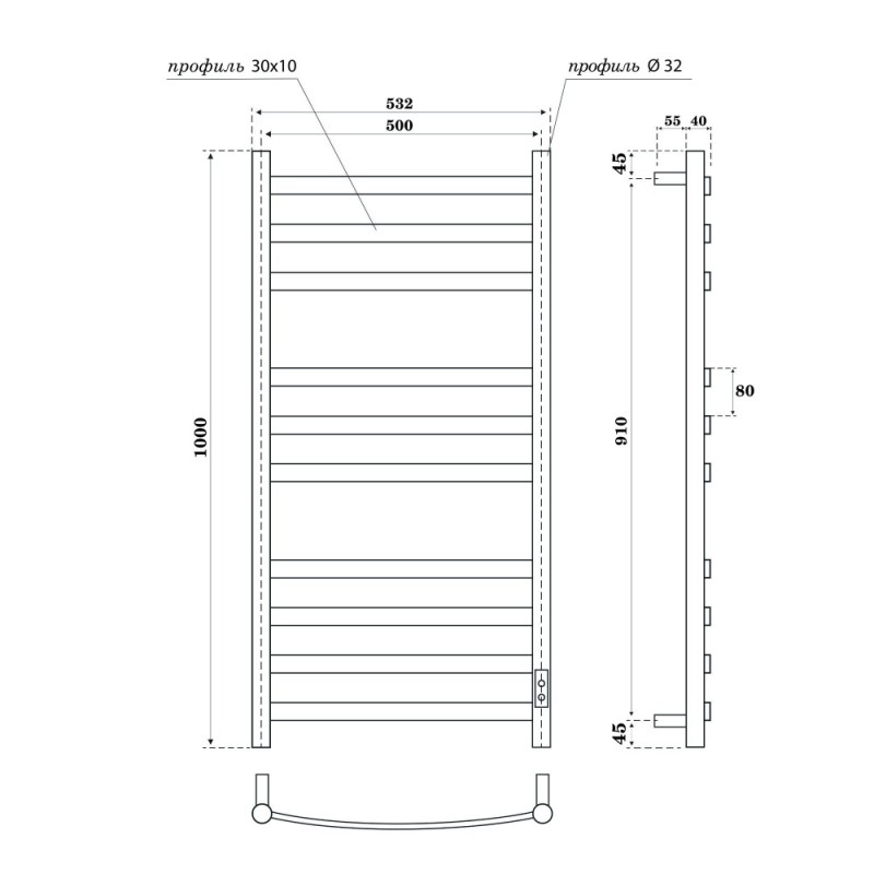 Полотенцесушитель электрический Apextermo Umbra UM00105WM, ширина 50 см, высота 100 см, диммер справа, цвет белый матовый