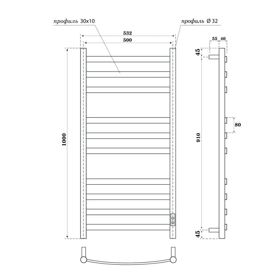 Полотенцесушитель электрический Apextermo Umbra UM00105WM, ширина 50 см, высота 100 см, диммер справа, цвет белый матовый