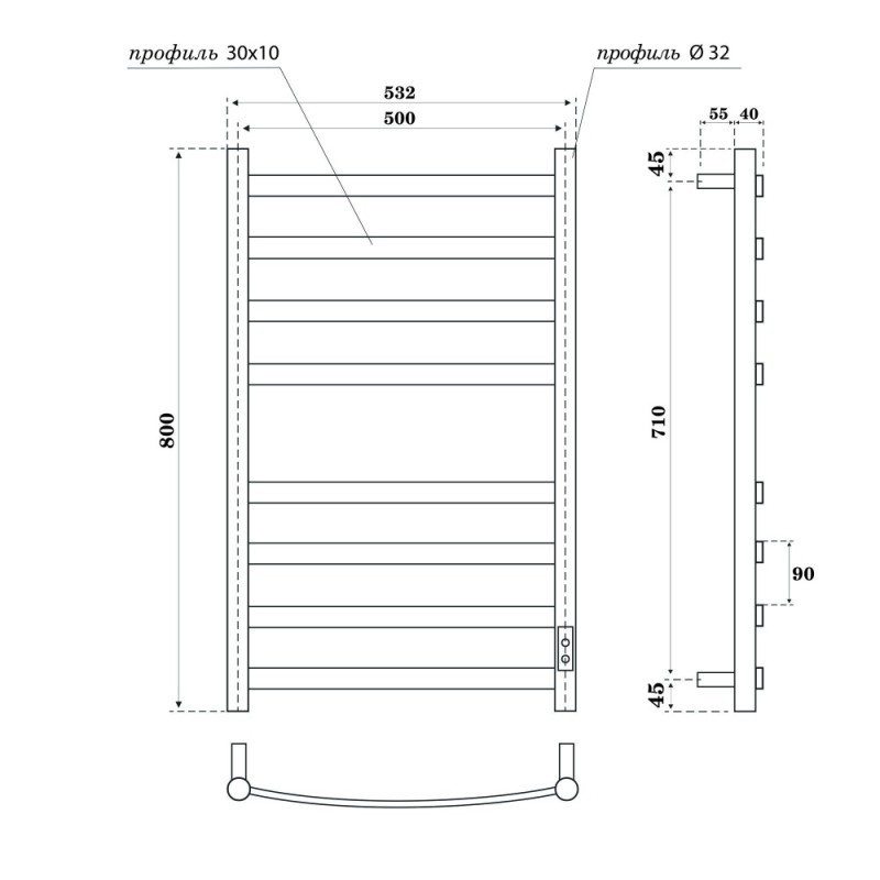 Полотенцесушитель электрический Apextermo Umbra UM00185BM, ширина 50 см, высота 80 см, диммер справа, цвет черный матовый