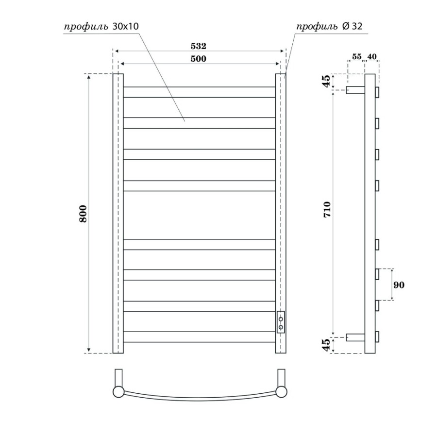 Полотенцесушитель электрический Apextermo Umbra UM00185BM, ширина 50 см, высота 80 см, диммер справа, цвет черный матовый