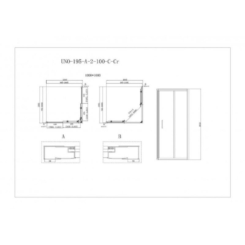 Душевой уголок BelBagno Uno-195, UNO-195-A-2-100-C-Cr, 100 х 100 х 195 см, профиль хром, стекло прозрачное