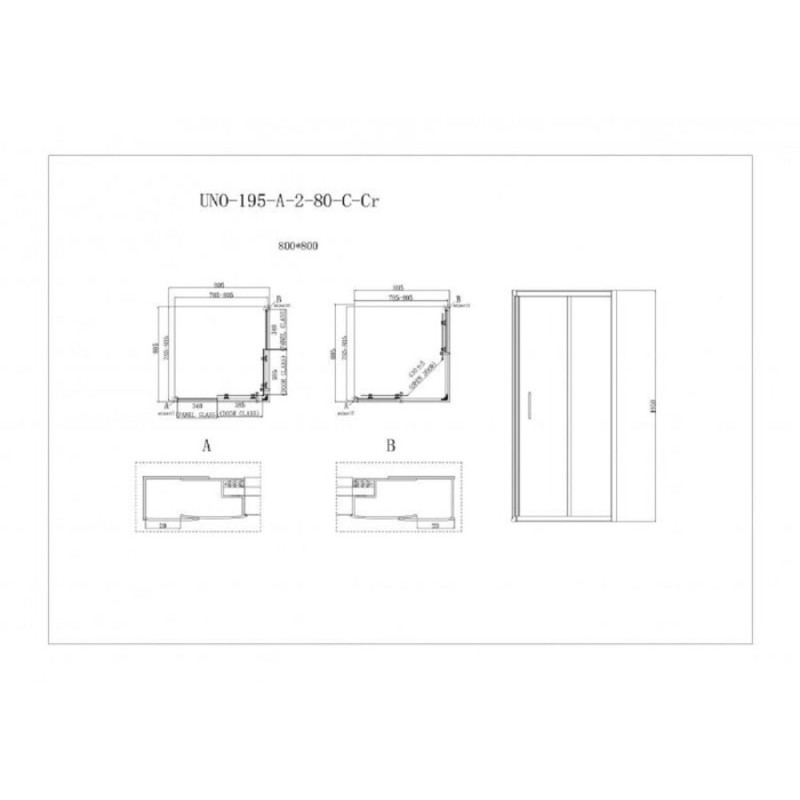 Душевой уголок BelBagno Uno-195, UNO-195-A-2-80-C-Cr, 80 х 80 х 195 см, профиль хром, стекло прозрачное