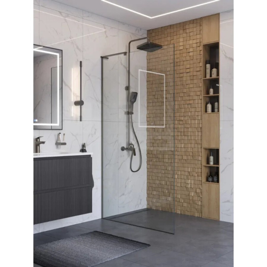 Душевая перегородка BelBagno UNO-L-1-TB-110-C-GM, 110 см, стекло прозрачное, профиль вороненая сталь, gunmetal