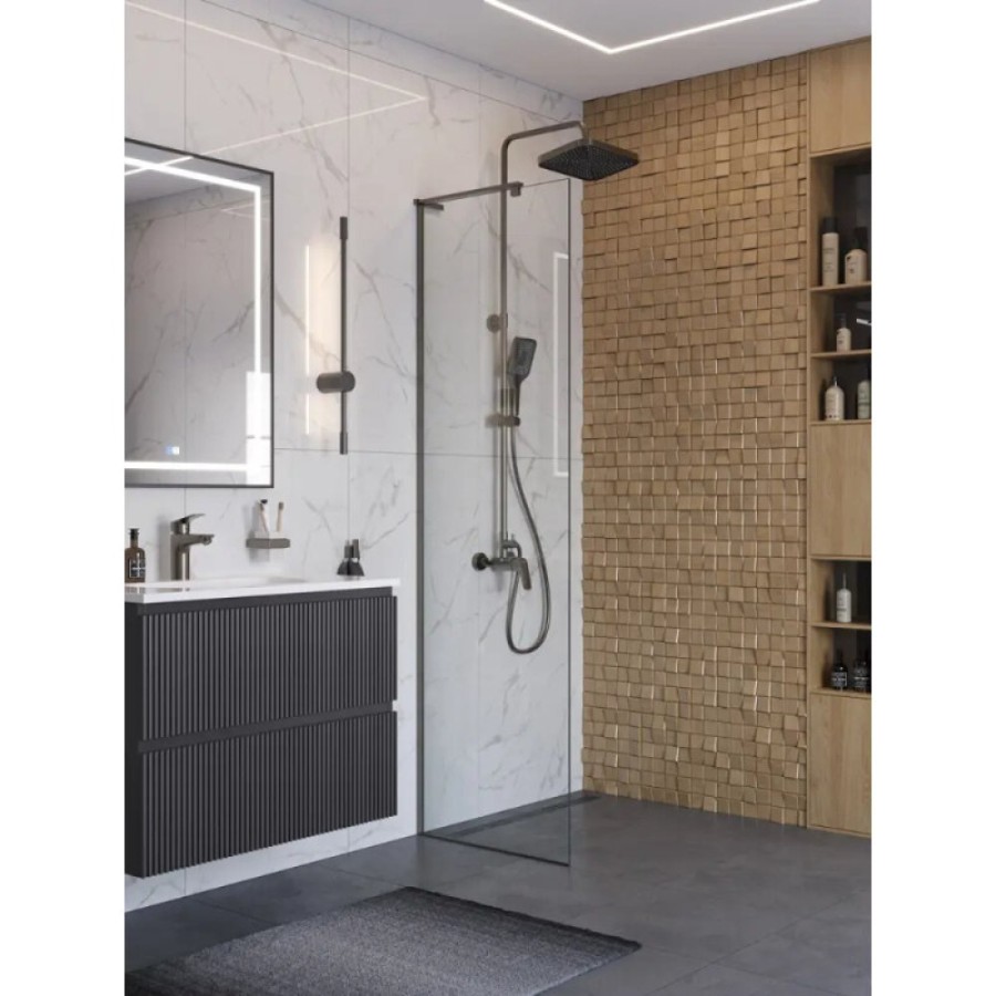 Душевая перегородка BelBagno UNO-L-1-TB-70-C-GM, 70 см, стекло прозрачное, профиль вороненая сталь, gunmetal
