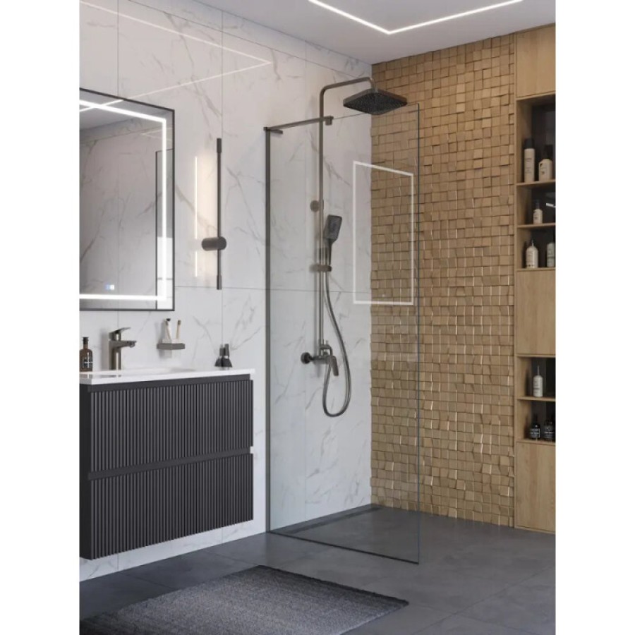 Душевая перегородка BelBagno UNO-L-1-TB-80-C-GM, 80 см, стекло прозрачное, профиль вороненая сталь, gunmetal