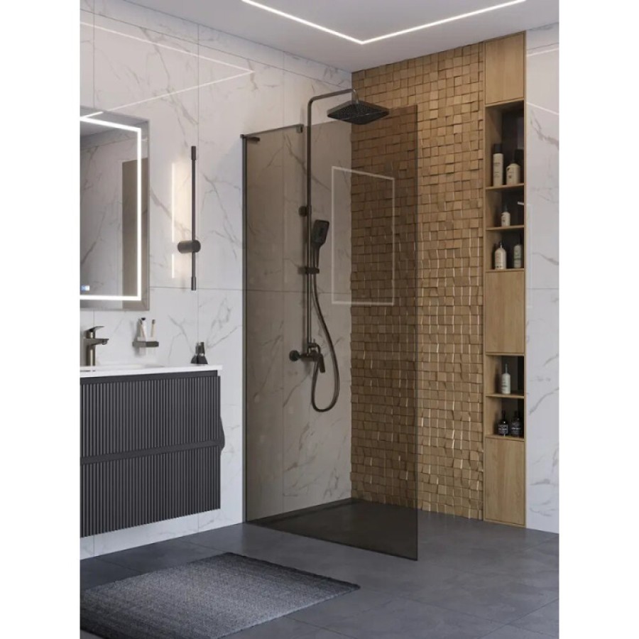 Душевая перегородка BelBagno UNO-L-1-TB-90-BR-GM, 90 см, стекло тонированное бронза, профиль вороненая сталь, gunmetal