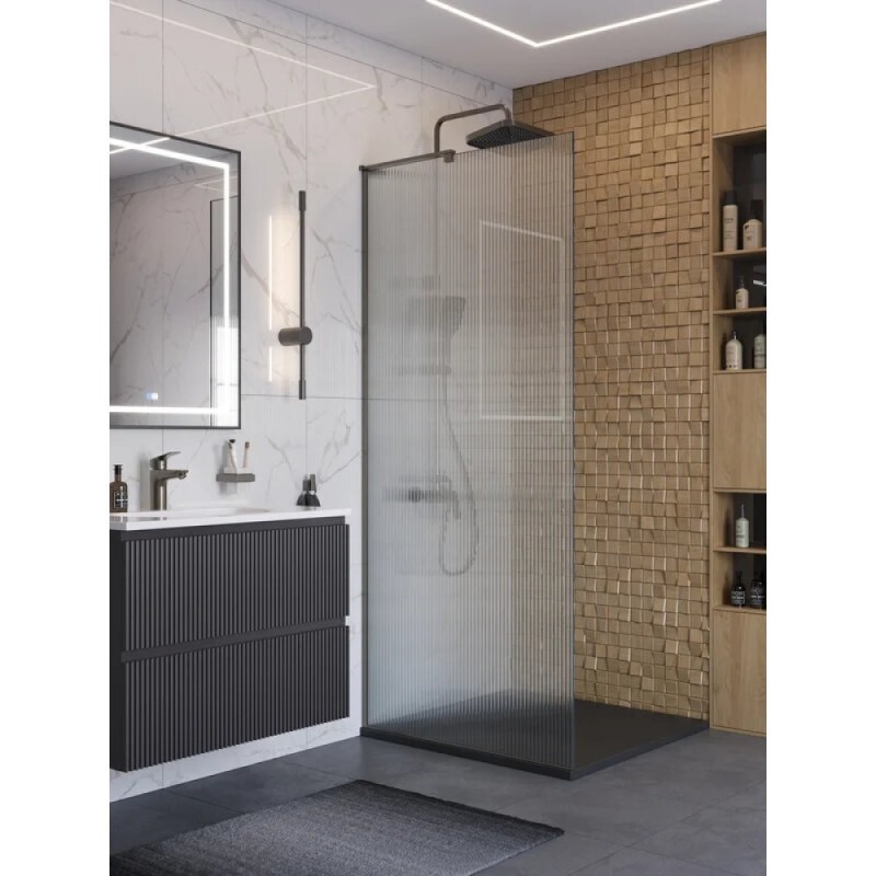 Душевая перегородка BelBagno UNO-L-1-TB-90-FL-GM, 90 см, стекло рифленое, профиль вороненая сталь, gunmetal