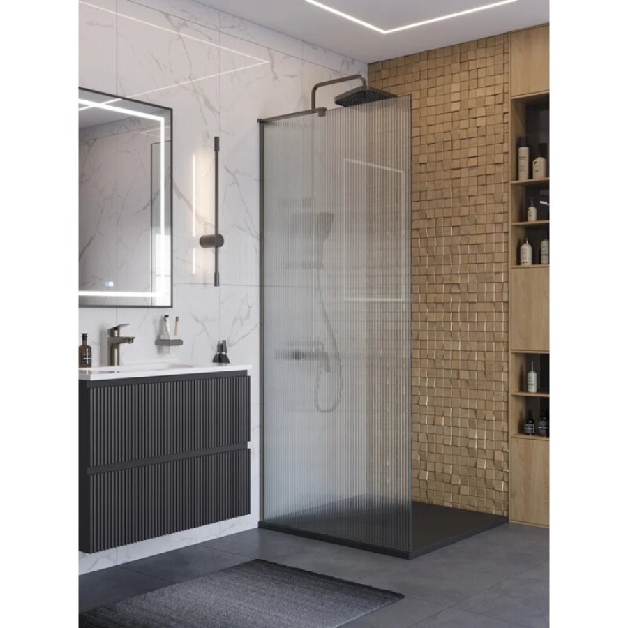 Душевая перегородка BelBagno UNO-L-1-TB-90-FL-GM, 90 см, стекло рифленое, профиль вороненая сталь, gunmetal