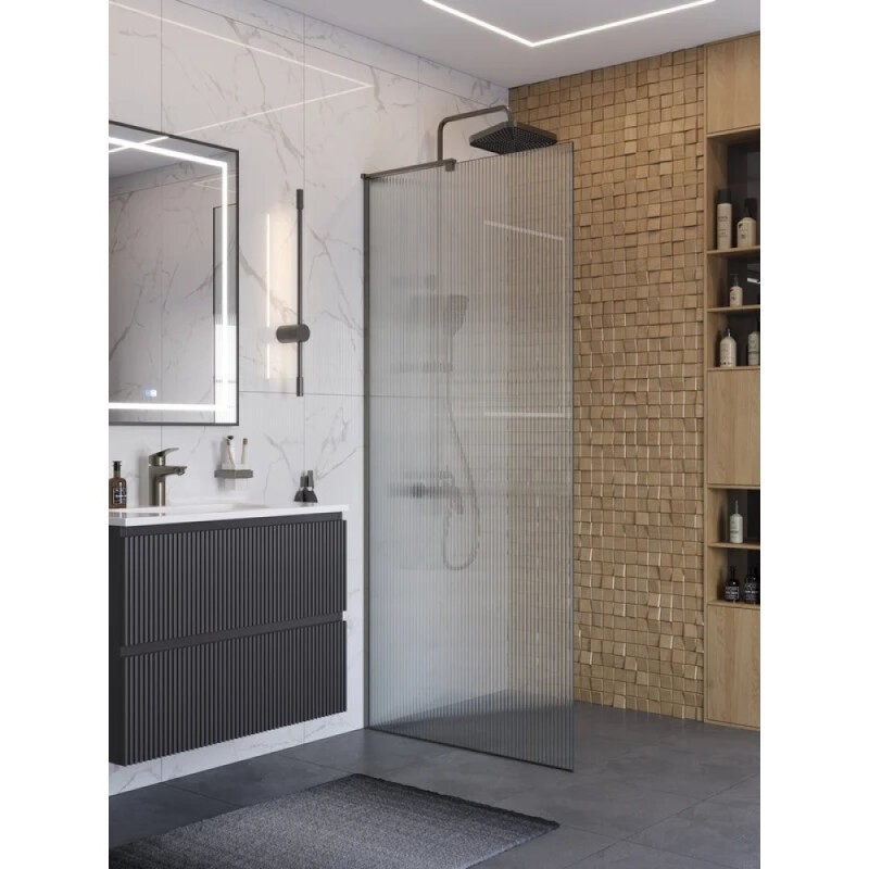 Душевая перегородка BelBagno UNO-L-1-TB-90-FL-GM, 90 см, стекло рифленое, профиль вороненая сталь, gunmetal