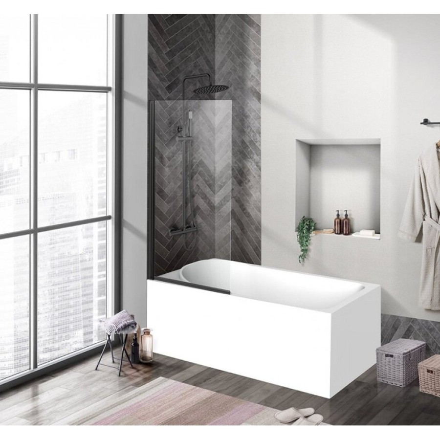 Душевая шторка на ванну BelBagno Uno, 90 х 150 см, стекло прозрачное, профиль черный матовый, UNO-V-1-90/150-C-NERO