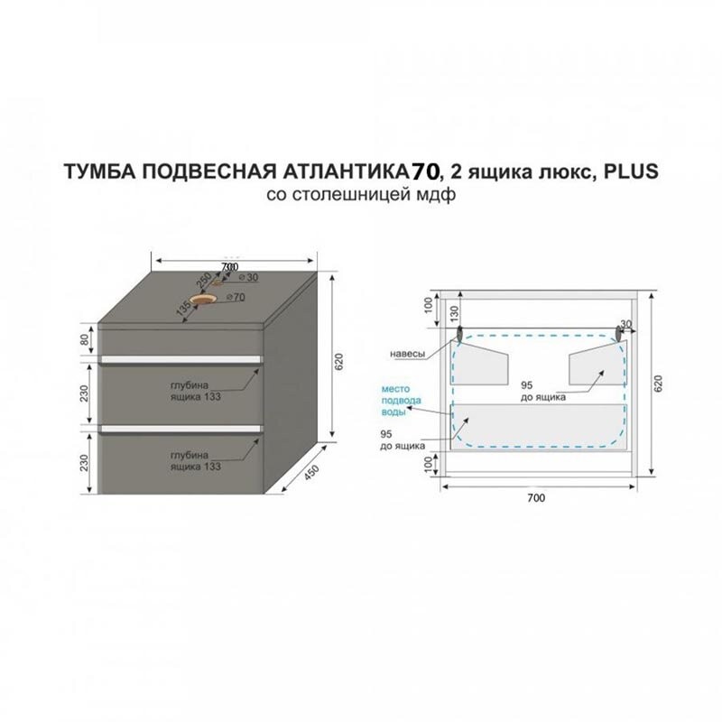 Тумба под раковину Style Line Атлантика 70 СС-00002282 Люкс, 70 см, подвесная, бетон темный
