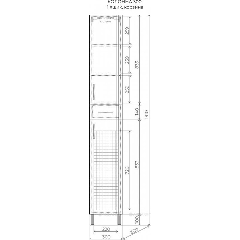 Шкаф пенал Style Line Эко Стандарт 30 ЛС-00002328 с бельевой корзиной Белый глянцевый