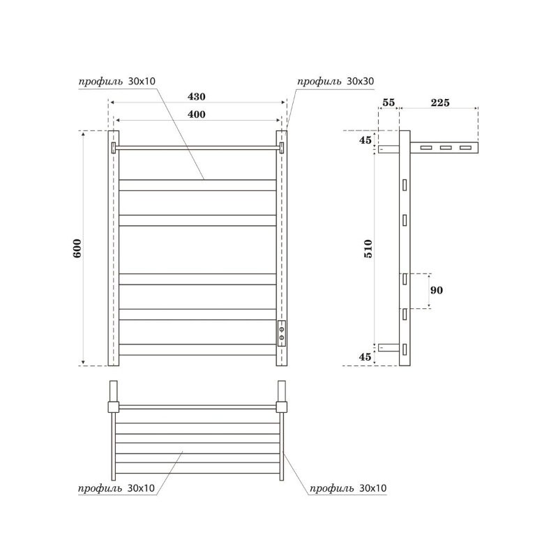 Полотенцесушитель электрический APEXTERMO Terra TR01164BM 600x400 с полкой, черный матовый