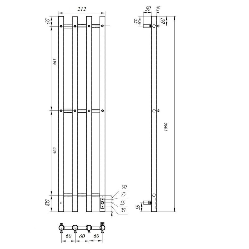 Полотенцесушитель электрический APEXTERMO Luna LN10113GF 1100x180 с крючками, графит металлик
