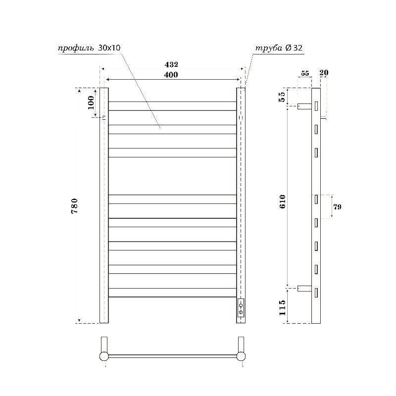 Полотенцесушитель электрический APEXTERMO Sfera SF10184BM 800x400 с крючками, черный матовый