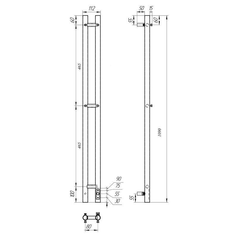 Полотенцесушитель электрический APEXTERMO Luna LN10111WM 1100x80 с крючками, белый матовый