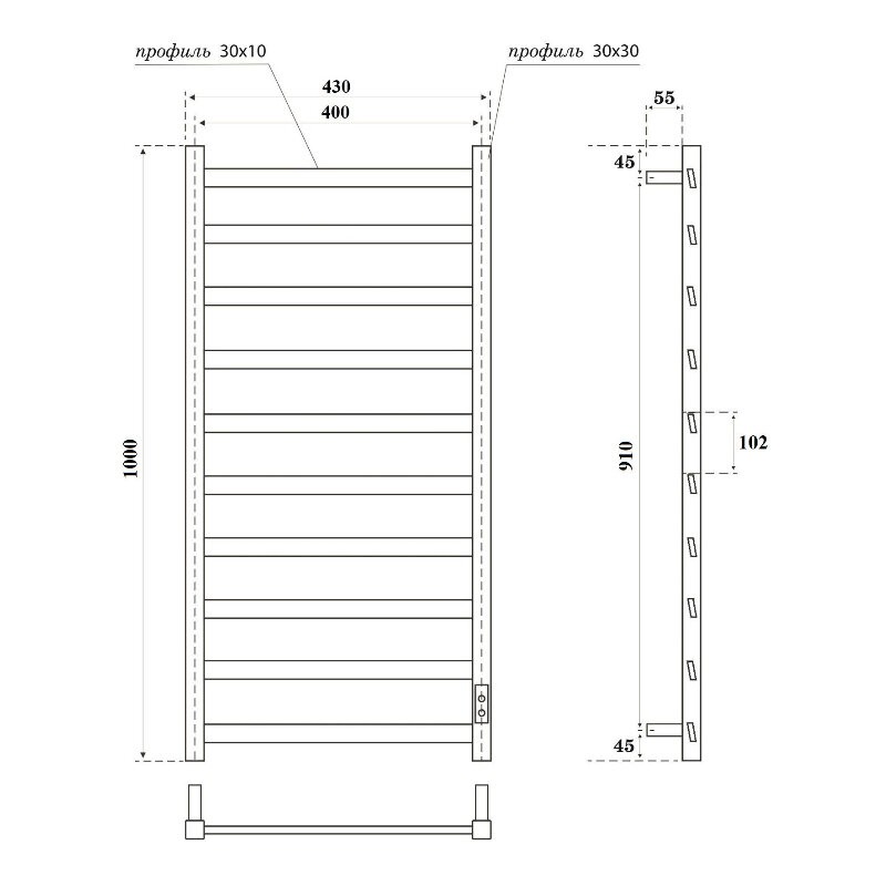 Полотенцесушитель электрический APEXTERMO Galaxy GL00104WM 1000x400, белый матовый