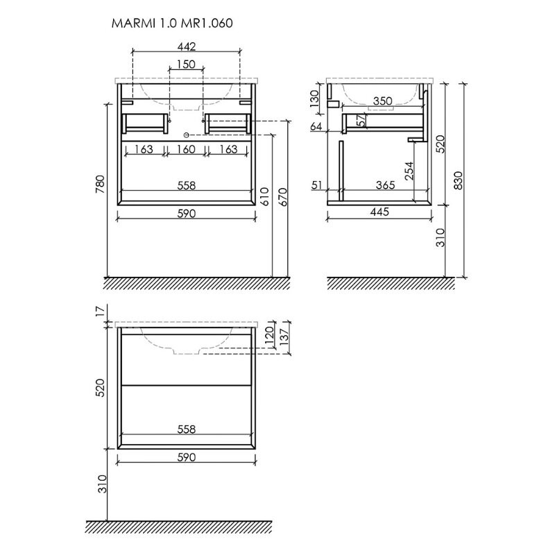 Тумба подвесная SANCOS Marmi 1.0 590х445х520 c одним ящиком оснащенным доводчиками скрытого монтажа и открытой нишей, дуб галифакс натуральный, арт. MR1.060EG