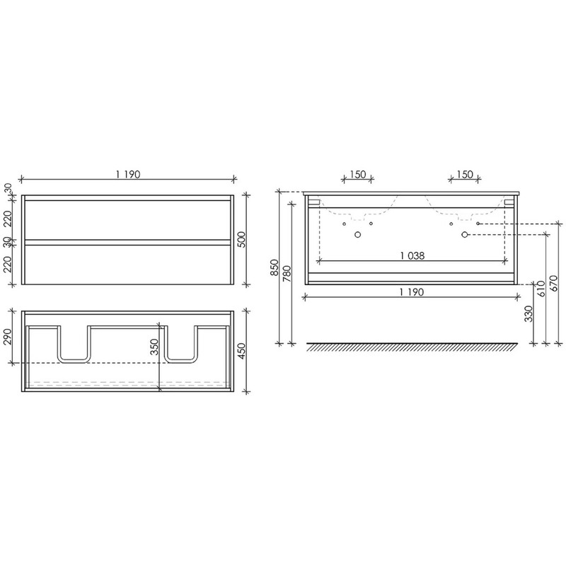 Тумба подвесная SANCOS Libra 1190х450х500, c двумя ящиками оснащенными доводчиками, дуб галифакс натуральный, арт. LB120-2EG