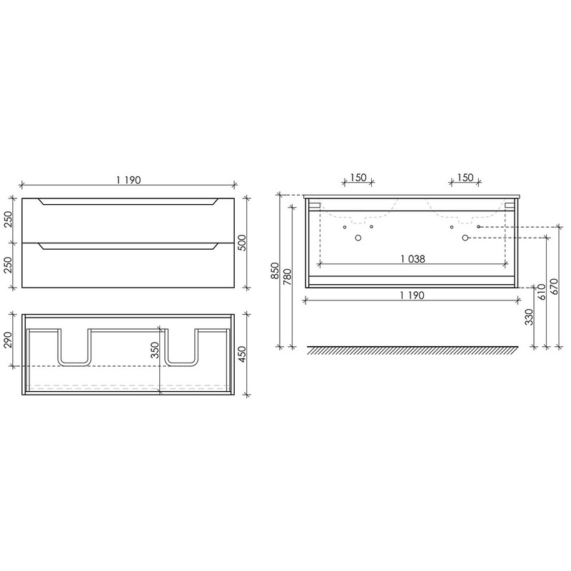 Тумба подвесная SANCOS Norma 2.0 1190х450х500, c двумя ящиками оснащенными доводчиками, белый Глянцевый , арт. NR2.120-2W