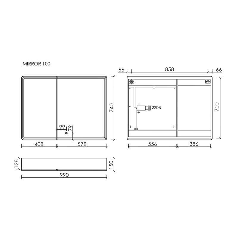 Зеркальный шкаф для ванной комнаты SANCOS Mirror 990x150х740 мм, с LED подсветкой, цвет дуб чарльстон, арт. MI100ECH