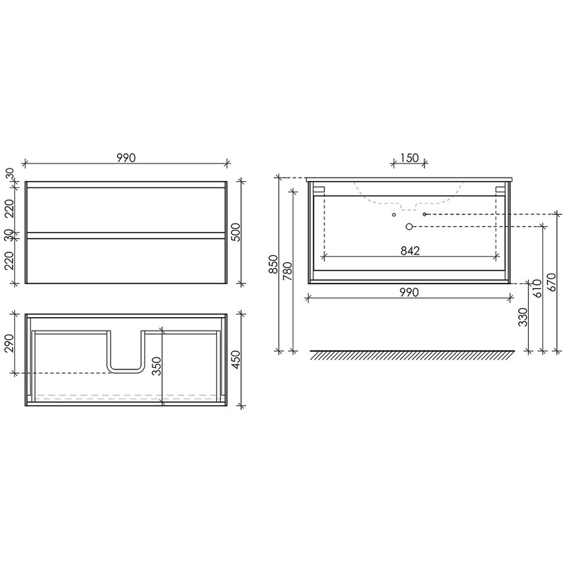 Тумба подвесная SANCOS Cento 990х450х500, c двумя ящиками оснащенными доводчиками, карпатская ель, арт.CN100KE