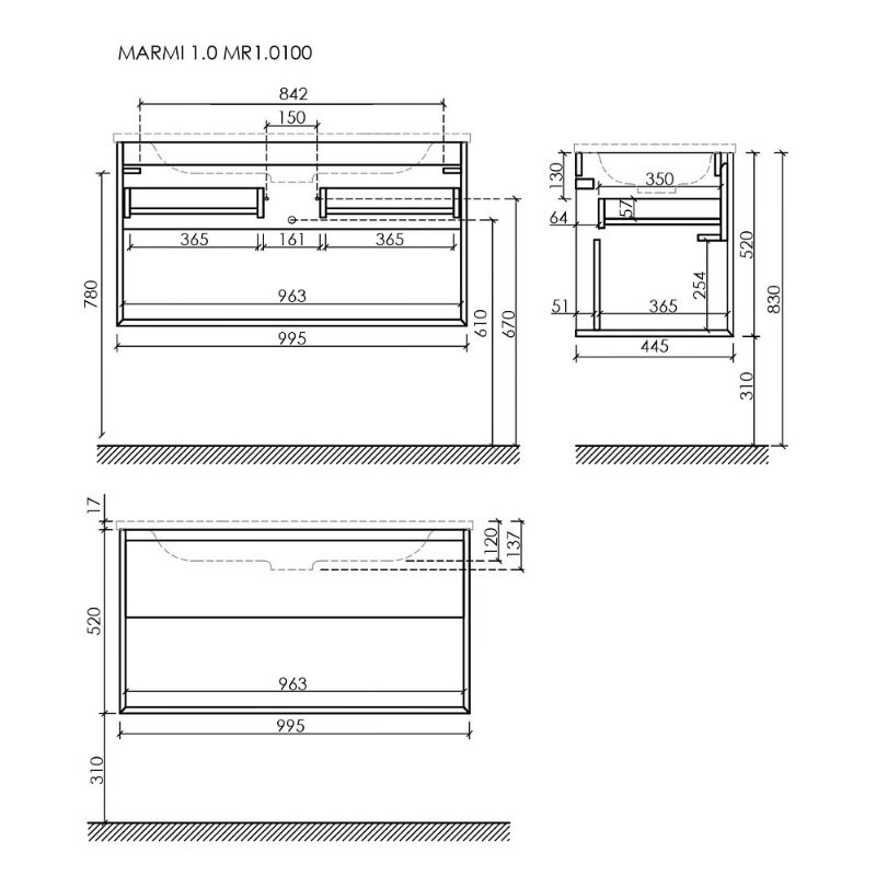 Тумба подвесная SANCOS Marmi 1.0 995х445х520 c одним ящиком оснащенным доводчиками скрытого монтажа и открытой нишей, дуб галифакс натуральный, арт. MR1.0100EG
