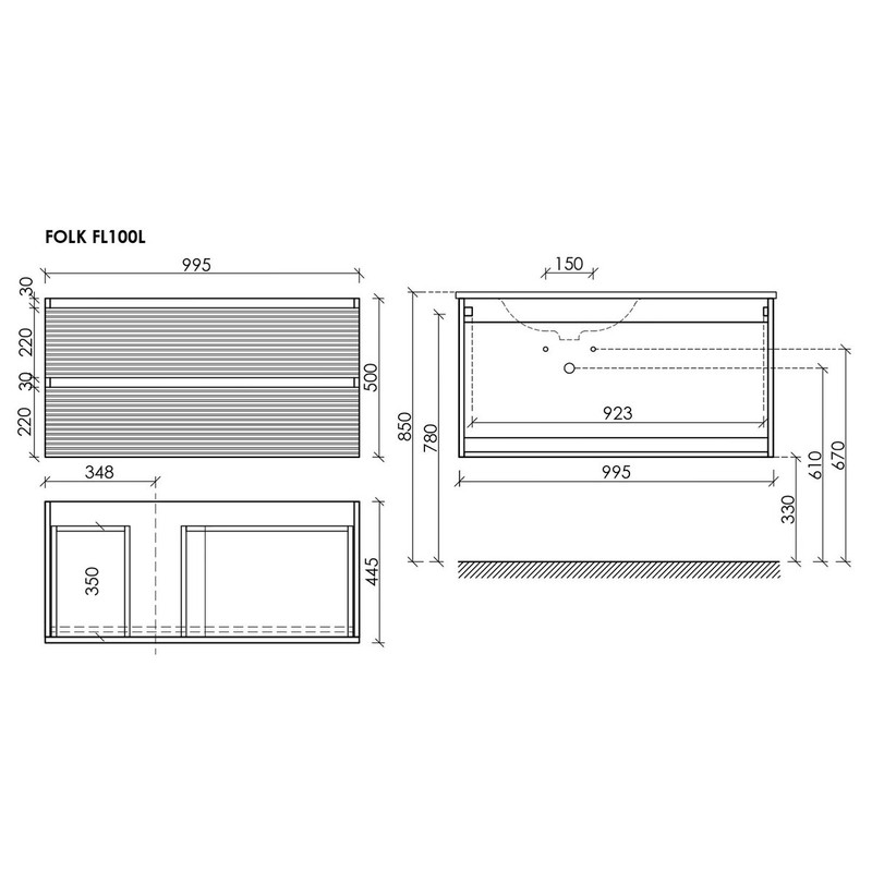 Тумба подвесная SANCOS Folk левая 995х445х500, c двумя ящиками оснащенными доводчиками, Bianco, арт.FL100LW