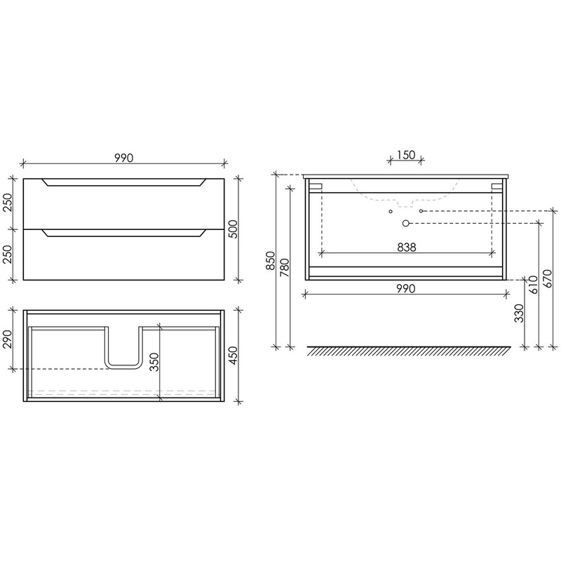 Тумба подвесная SANCOS Norma 2.0 990х450х500, c двумя ящиками оснащенными доводчиками, белый Глянцевый , арт. NR2.100W