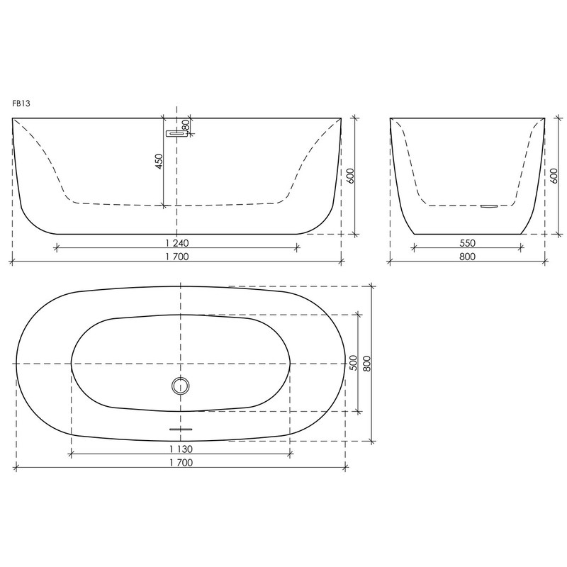 Акриловая ванна Sancos Space FB13 170x80 см, отдельностоящая, белая, овальная, с каркасом, со сливом-переливом