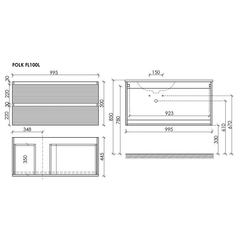 Тумба подвесная SANCOS Folk правая 995х445х500, c двумя ящиками оснащенными доводчиками, Капучино, арт.FL100RCP