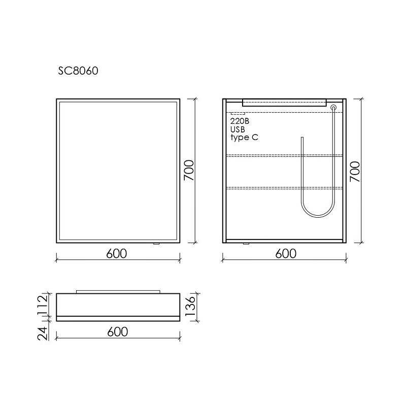 Зеркальный шкаф для ванной комнаты из алюминия SANCOS Evoke 600x700х136 мм, с LED подсветкой, арт. SC8060