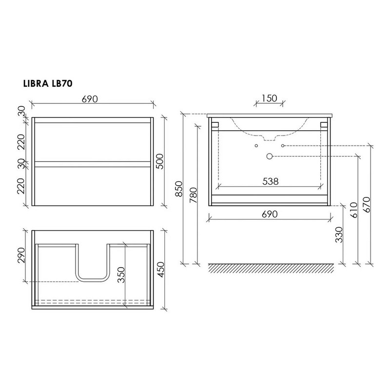 Тумба подвесная SANCOS Libra 690х450х500, c двумя ящиками оснащенными доводчиками, дуб галифакс натуральный, арт. LB70EG