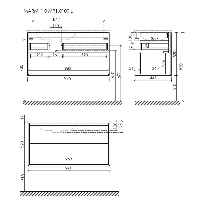 Тумба подвесная SANCOS Marmi 1.0 правая, 995х445х520, c одним ящиком оснащенным доводчиками скрытого монтажа и открытой нишей, Светлое дерево, арт.MR1.0100RECH