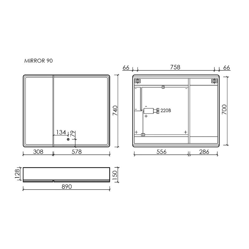 Зеркальный шкаф для ванной комнаты SANCOS Mirror 890x150х740 мм, с LED подсветкой, цвет дуб галифакс натуральный, арт. MI90EG