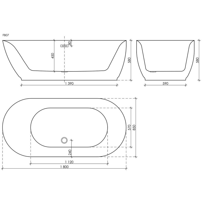 Акриловая ванна Sancos Single FB07 180x85 см, отдельностоящая, белая, овальная, с каркасом, со сливом-переливом