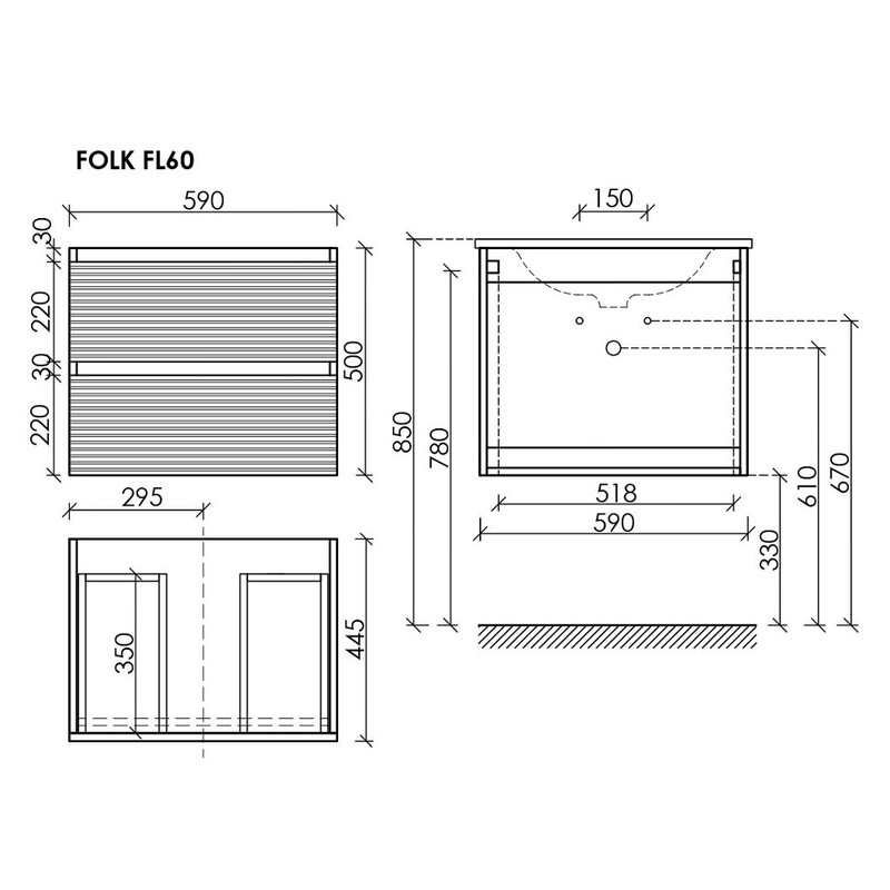 Тумба подвесная SANCOS Folk 590х445х500, c двумя ящиками оснащенными доводчиками, Grey soft, арт.FL60GS