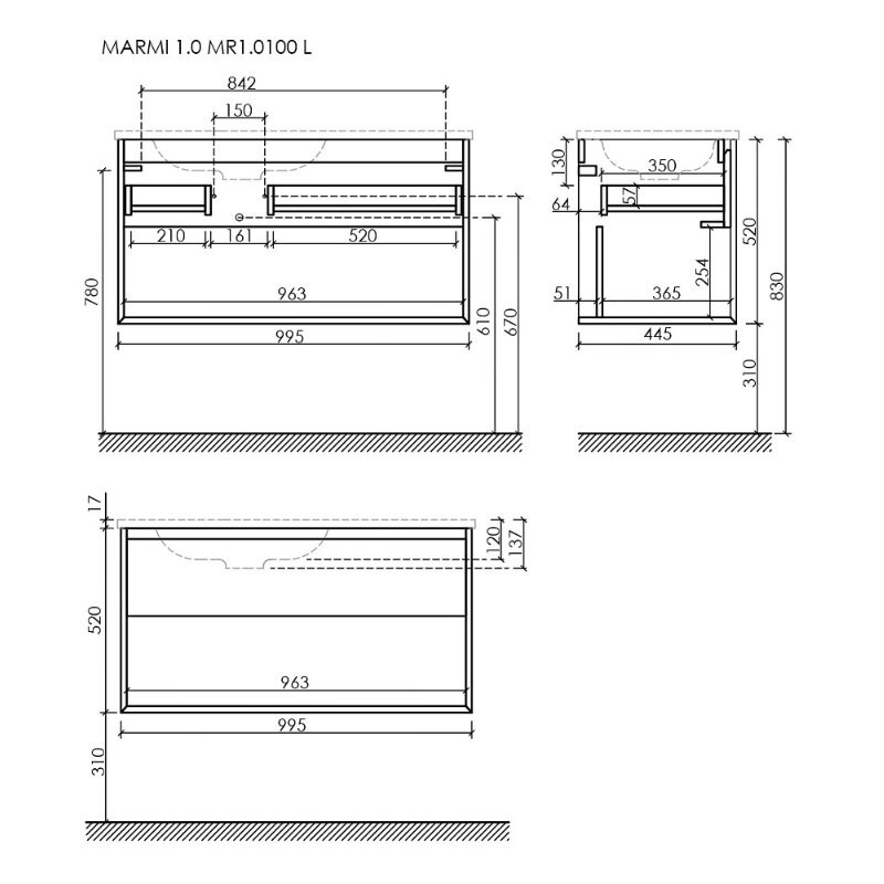 Тумба подвесная SANCOS Marmi 1.0 левая, 995х445х520, c одним ящиком оснащенным доводчиками скрытого монтажа и открытой нишей, дуб галифакс натуральный, арт. MR1.0100LEG