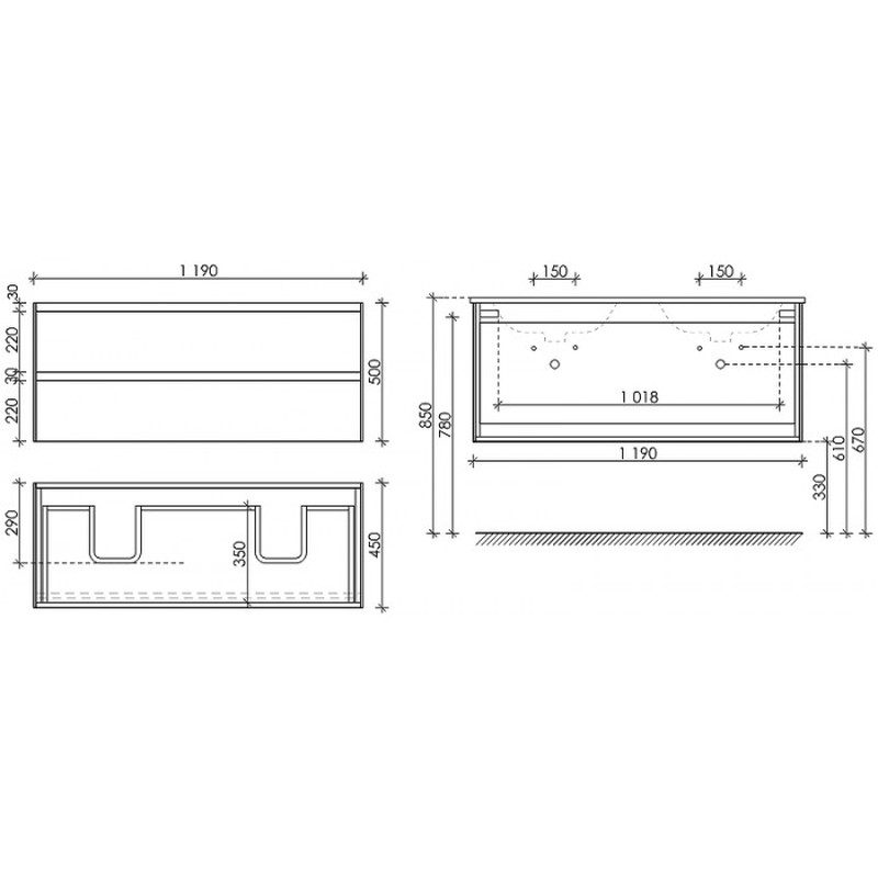 Тумба подвесная SANCOS Cento 1190х450х500, c двумя ящиками оснащенными доводчиками, карпатская ель, арт. CN120-2KE