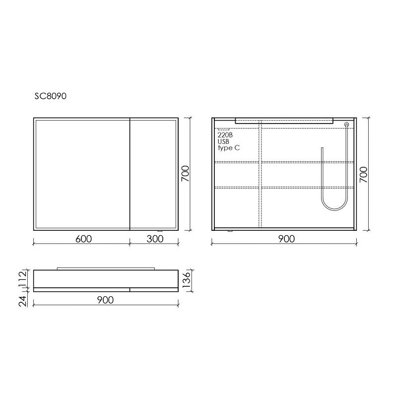 Зеркальный шкаф для ванной комнаты из алюминия SANCOS Evoke 900x700х136 мм с LED подсветкой, арт. SC8090