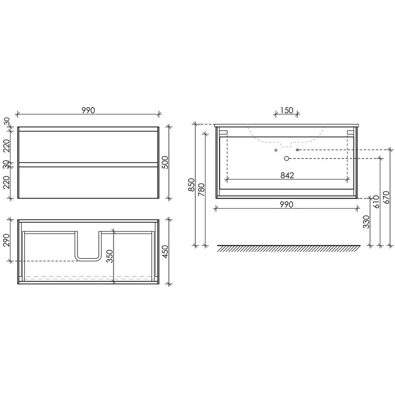 Тумба подвесная SANCOS Cento 990х450х500, c двумя ящиками оснащенными доводчиками, белый Глянцевый, арт.CN100W