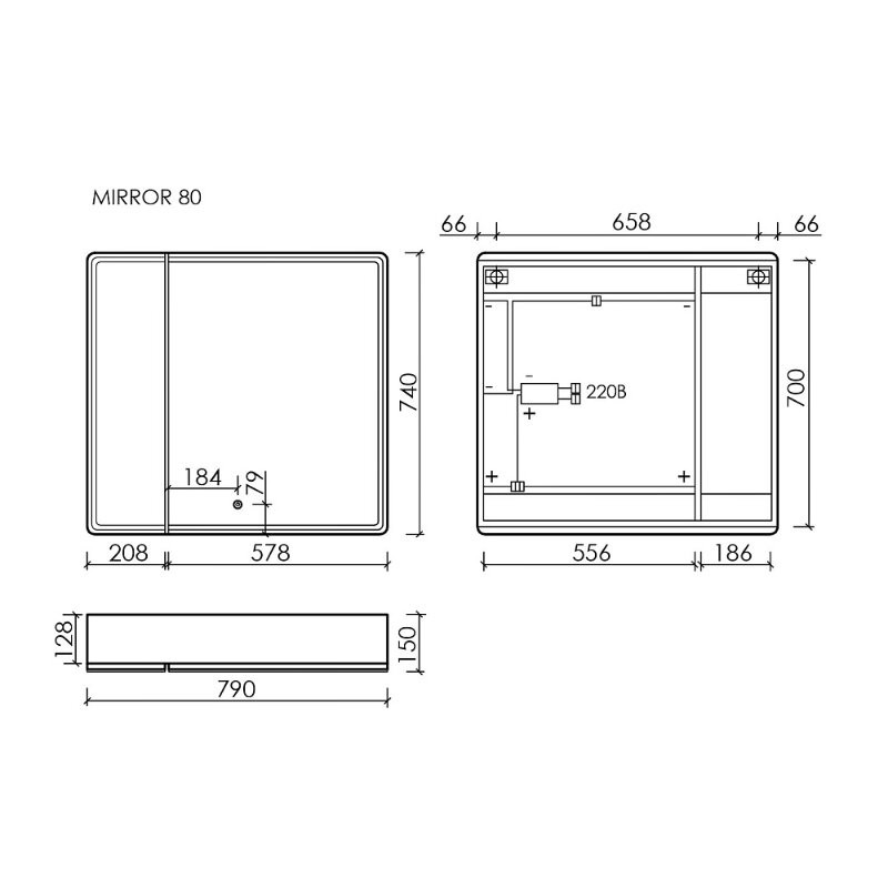 Зеркальный шкаф для ванной комнаты SANCOS Mirror 790x150х740 мм, с LED подсветкой, цвет дуб галифакс натуральный, арт. MI80EG
