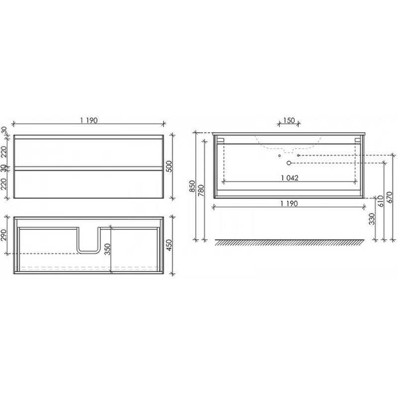 Тумба подвесная SANCOS Cento 1190х450х500, c двумя ящиками оснащенными доводчиками, карпатская ель, арт. CN120-1KE