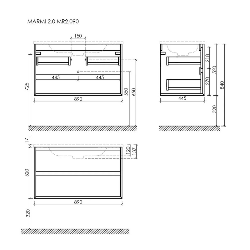 Тумба подвесная SANCOS Marmi 2.0 890х445х520 с двумя ящиками оснащенными доводчиками скрытого монтажа, дуб галифакс натуральный, арт. MR2.090EG