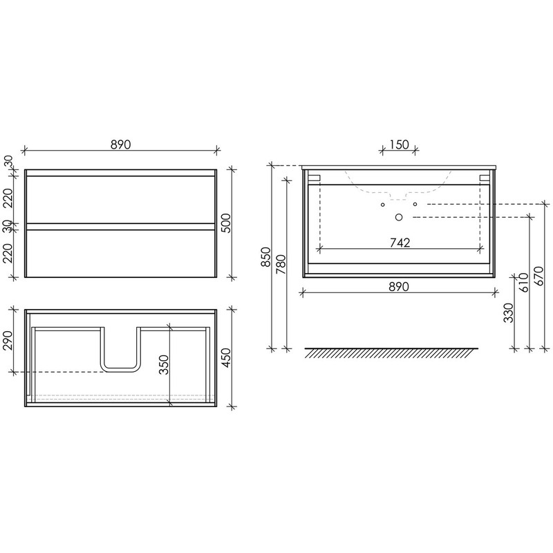 Тумба подвесная SANCOS Cento 890х450х500, c двумя ящиками оснащенными доводчиками, белый Глянцевый, арт. CN90W
