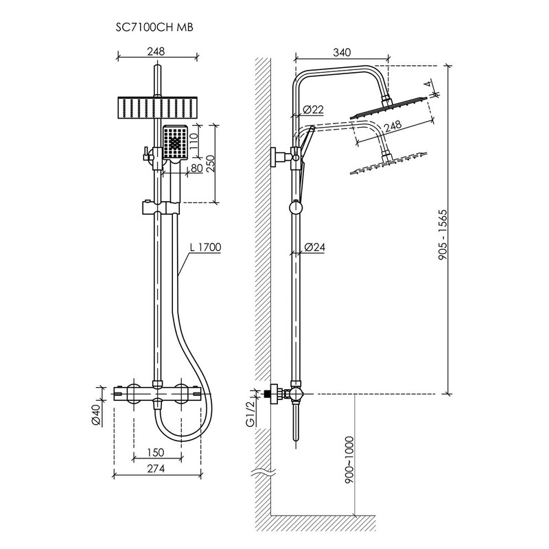 Душевая стойка SANCOS KANEDO с термостатом  с  верхним душем 248x248 мм  ручным душем 110 мм  4 режима  черный матовый SC7100MB