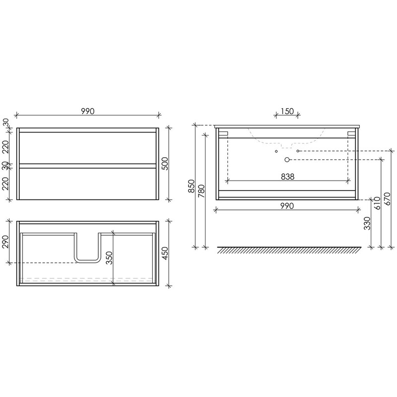 Тумба подвесная SANCOS Libra 990х450х500, c двумя ящиками оснащенными доводчиками, белый Глянцевый , арт. LB100W