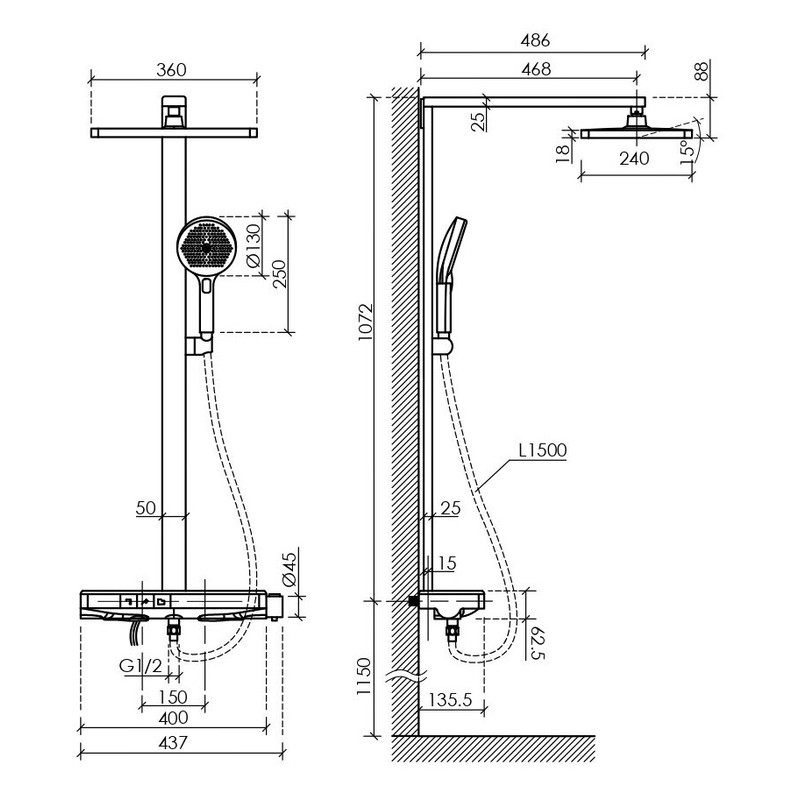 Душевая стойка SANCOS Vos с термостатическим смесителем, изливом, полкой, шлангом 1,5 м, верхним и ручным душем, цвет хром, арт. SC6100CH