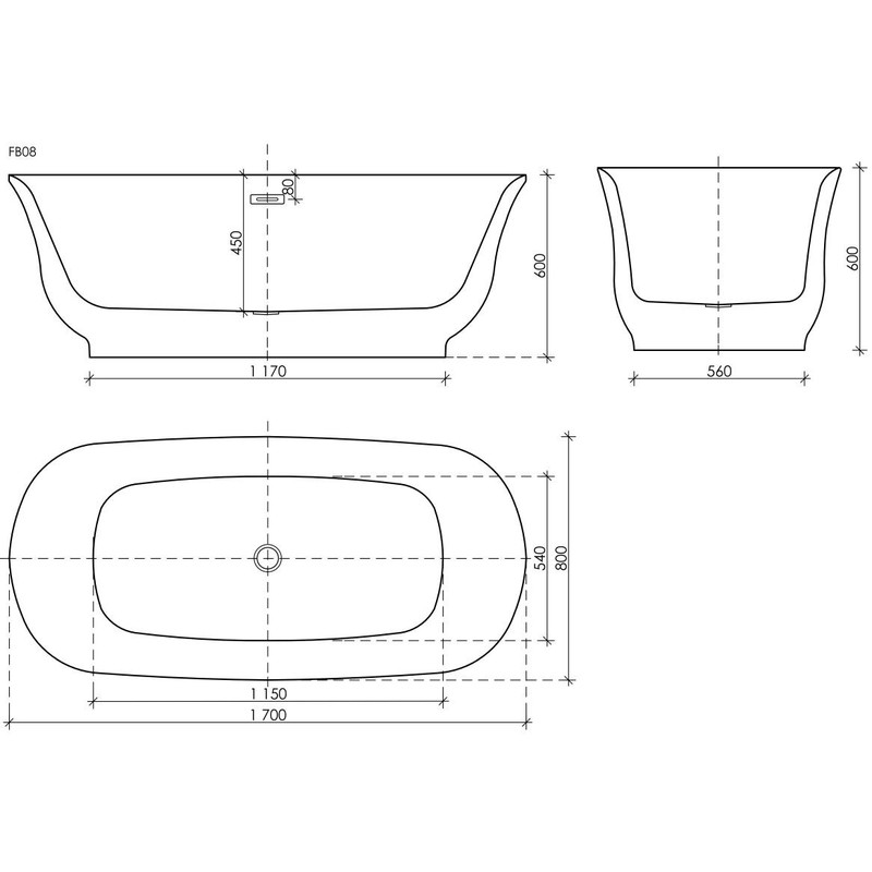 Акриловая ванна Sancos Viva FB08 170x80 см, отдельностоящая, белая, овальная, с каркасом, со сливом-переливом